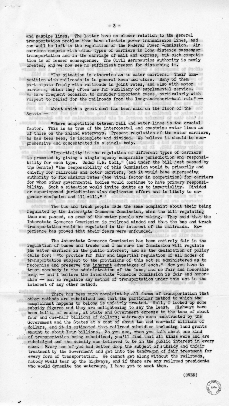 Speech by Senator Harry S. Truman to the Traffic Club at Springfield, Missouri