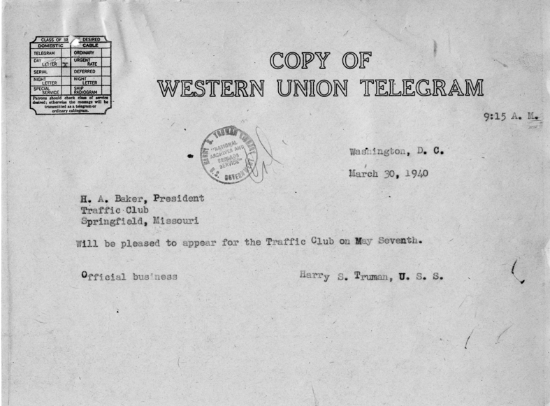 Telegrams Between Senator Harry S. Truman and H. A. Baker