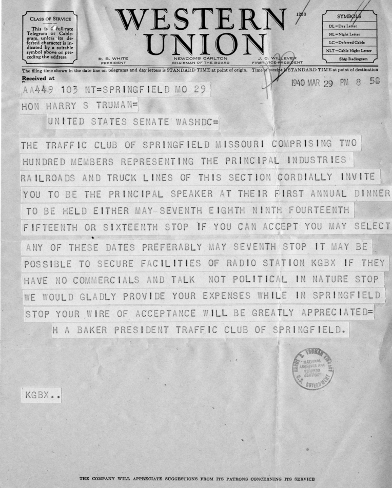 Telegrams Between Senator Harry S. Truman and H. A. Baker