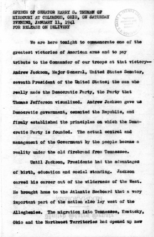 Speech of Senator Harry S. Truman at Columbus, Ohio