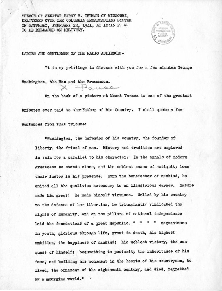 Radio Speech of Senator Harry S. Truman