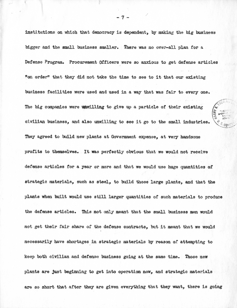 Speech of Senator Harry S. Truman in the U.S. Senate, Washington D.C.