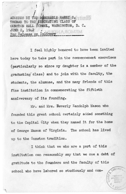 Speech of Senator Harry S. Truman to the Graduating Class at Gunston Hall School, Washington D.C.