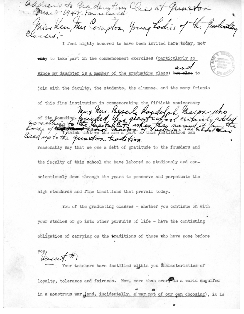 Draft Speech of Senator Harry S. Truman to the Graduating Class at Gunston Hall, Washington D.C.