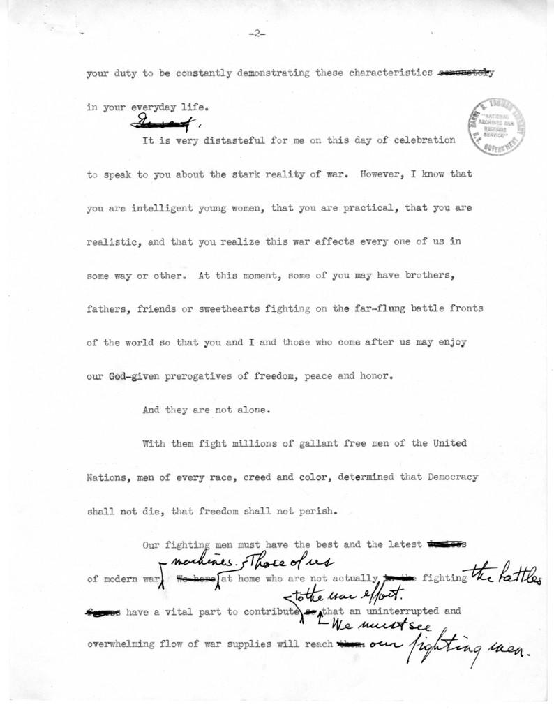Draft Speech of Senator Harry S. Truman to the Graduating Class at Gunston Hall, Washington D.C.