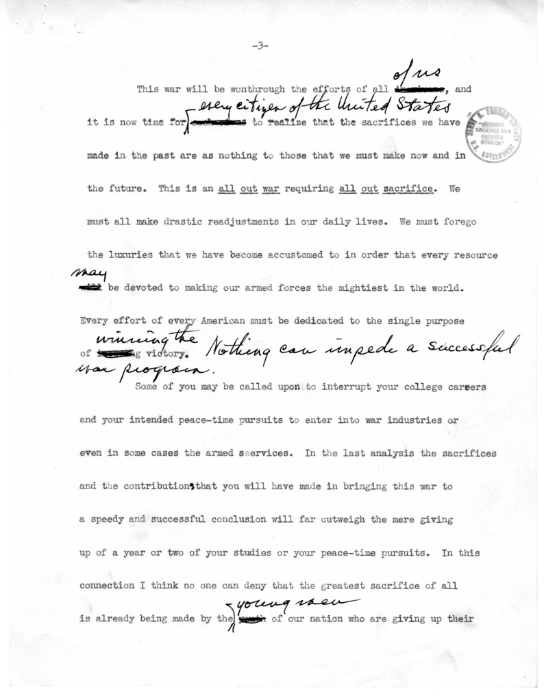 Draft Speech of Senator Harry S. Truman to the Graduating Class at Gunston Hall, Washington D.C.