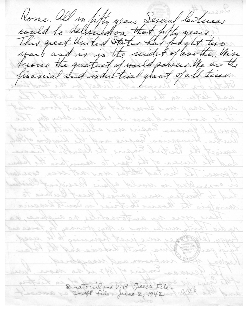 Insert Draft for speech of Senator Harry S. Truman to the Graduating Class at Gunston Hall, Washington D.C.