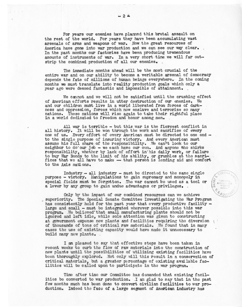 Speech of Senator Harry S. Truman at the Railroad Telegraphers Convention, Kansas City, Missouri