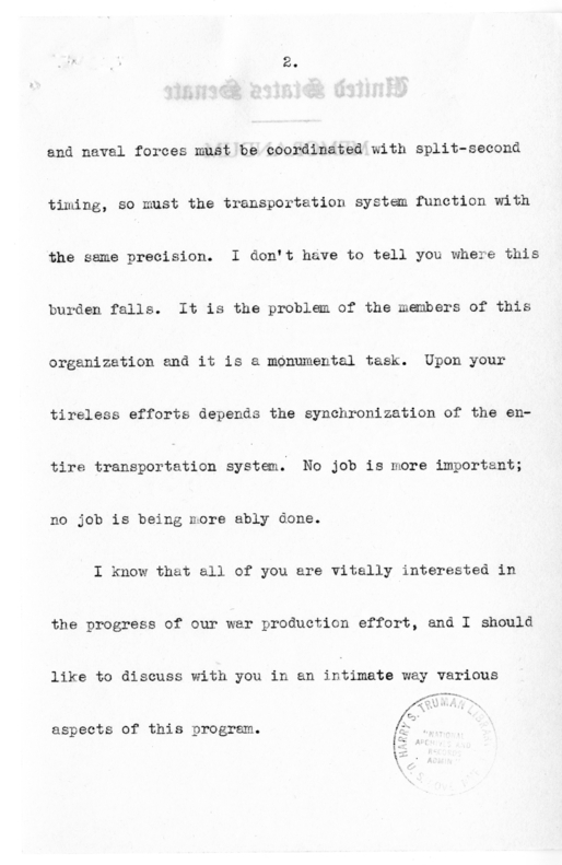 Speech of Senator Harry S. Truman to the Railraod Telegraphers Convention at Kansas City, Missouri