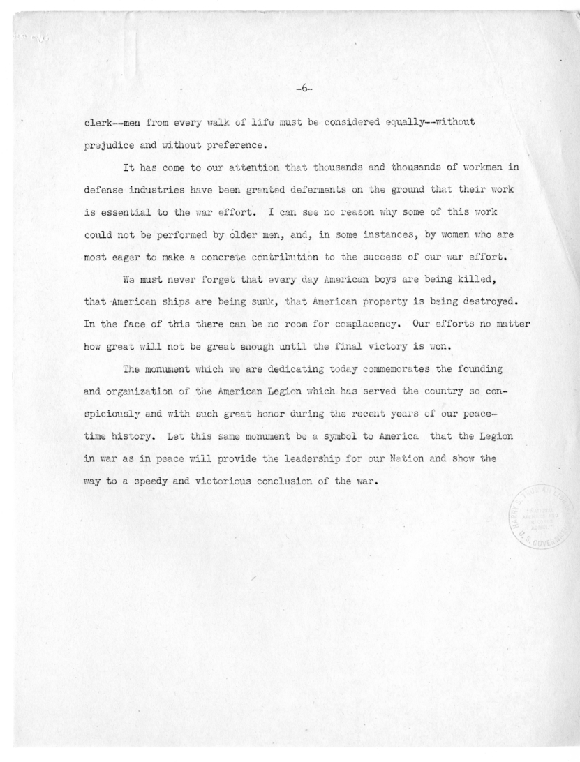 Speech of Senator Harry S. Truman at the Dedication of the American Legion Monument, St. Louis, Missouri