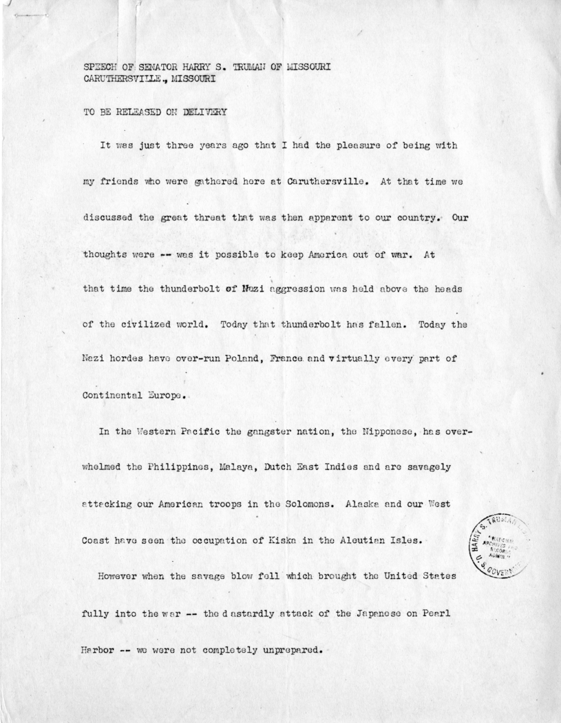 Speech of Senator Harry S. Truman at Caruthersville, Missouri