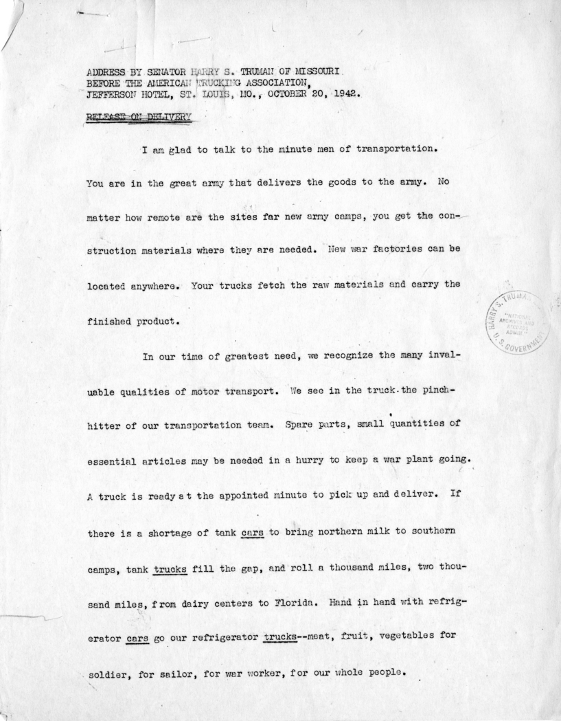 Speech of Senator Harry S. Truman Before the American Trucking Association at St. Louis, Missouri
