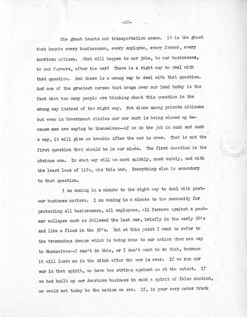 Speech of Senator Harry S. Truman Before the American Trucking Association at St. Louis, Missouri