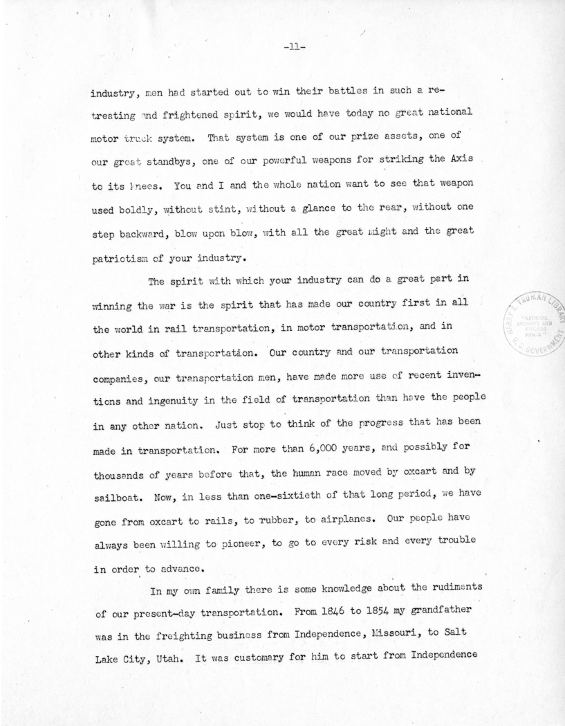 Speech of Senator Harry S. Truman Before the American Trucking Association at St. Louis, Missouri