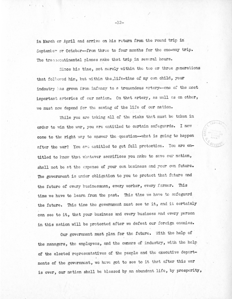 Speech of Senator Harry S. Truman Before the American Trucking Association at St. Louis, Missouri