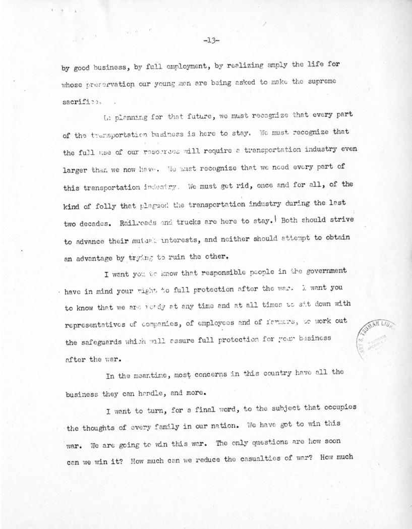 Speech of Senator Harry S. Truman Before the American Trucking Association at St. Louis, Missouri
