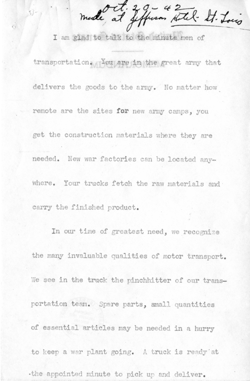 Speech of Senator Harry S. Truman Before the American Trucking Association at St. Louis, Missouri