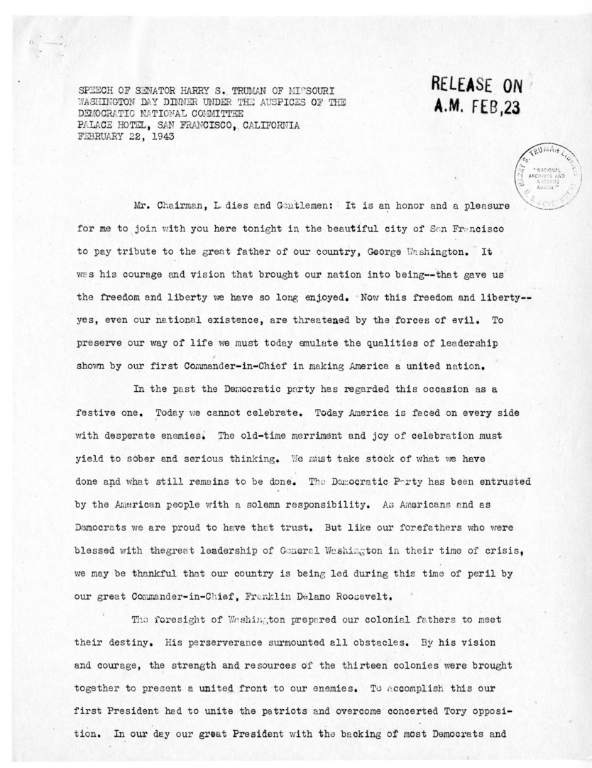Speech of Senator Harry S. Truman at San Francisco, California