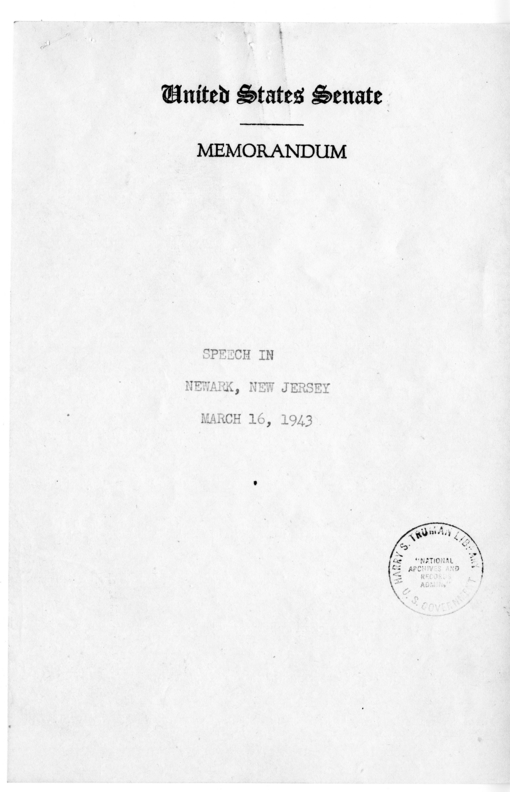 Speech of Senator Harry S. Truman at Newark, New Jersey