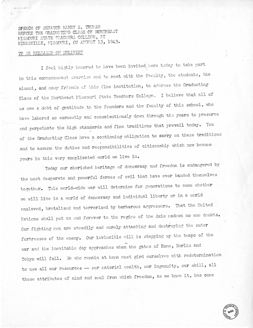 Speech of Senator Harry S. Truman at Kirksville, Missouri