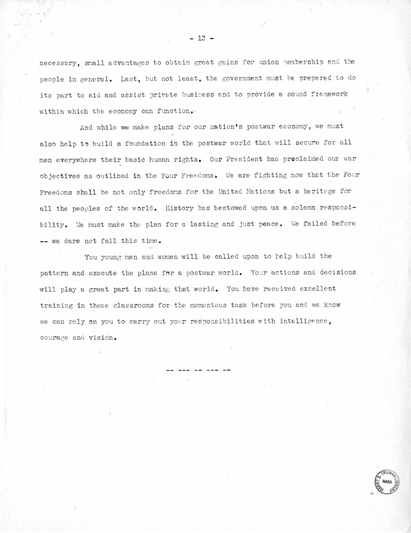 Speech of Senator Harry S. Truman at Kirksville, Missouri
