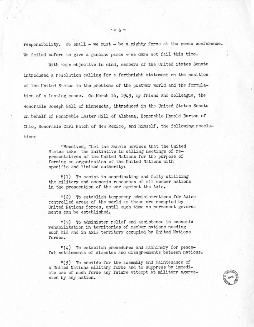 Speech of Senator Harry S. Truman on "Ball,  Burton, Hatch, Hill" Resolution