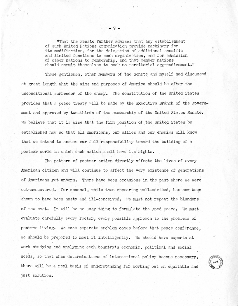 Speech of Senator Harry S. Truman on "Ball,  Burton, Hatch, Hill" Resolution