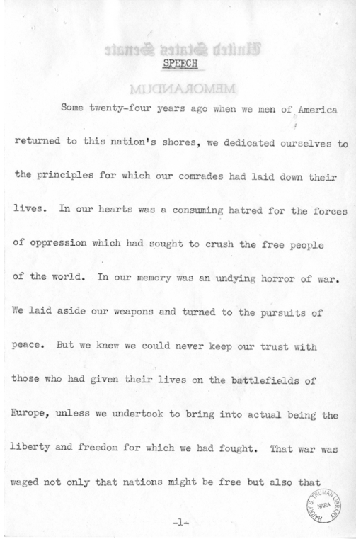 Speech of Senator Harry S. Truman on "Ball, Burton, Hatch, Hill" Resolution