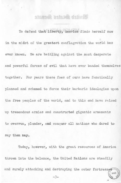 Speech of Senator Harry S. Truman on "Ball, Burton, Hatch, Hill" Resolution
