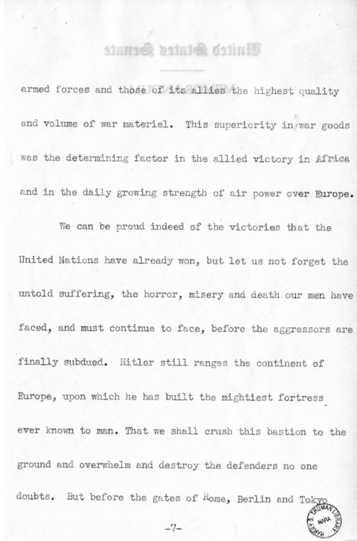 Speech of Senator Harry S. Truman on "Ball, Burton, Hatch, Hill" Resolution