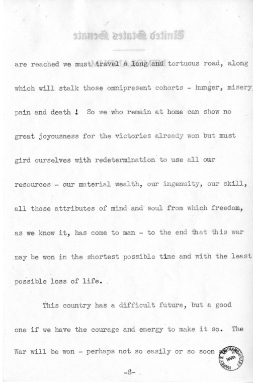 Speech of Senator Harry S. Truman on "Ball, Burton, Hatch, Hill" Resolution