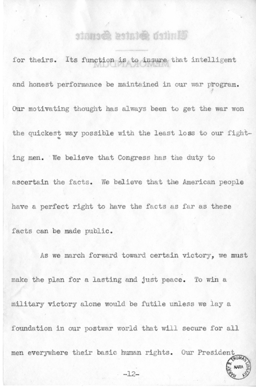 Speech of Senator Harry S. Truman on "Ball, Burton, Hatch, Hill" Resolution