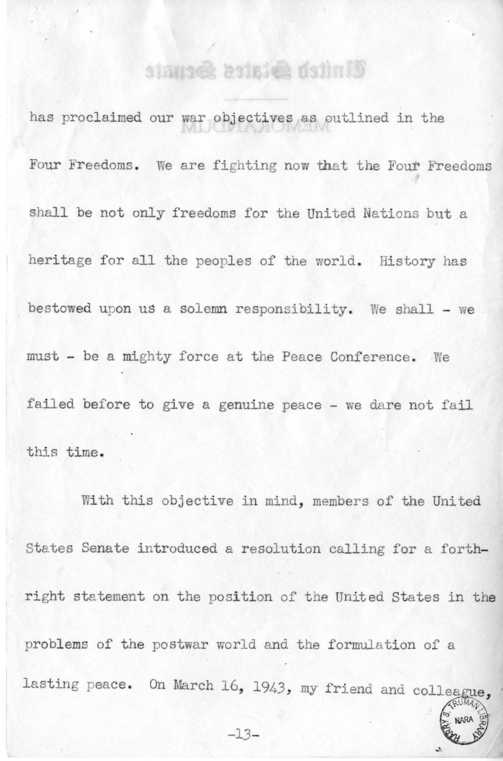 Speech of Senator Harry S. Truman on "Ball, Burton, Hatch, Hill" Resolution