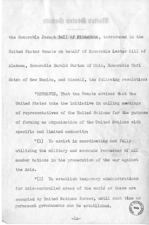 Speech of Senator Harry S. Truman on "Ball, Burton, Hatch, Hill" Resolution