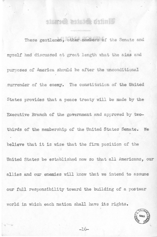 Speech of Senator Harry S. Truman on "Ball, Burton, Hatch, Hill" Resolution