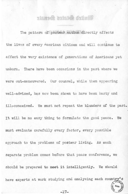 Speech of Senator Harry S. Truman on "Ball, Burton, Hatch, Hill" Resolution