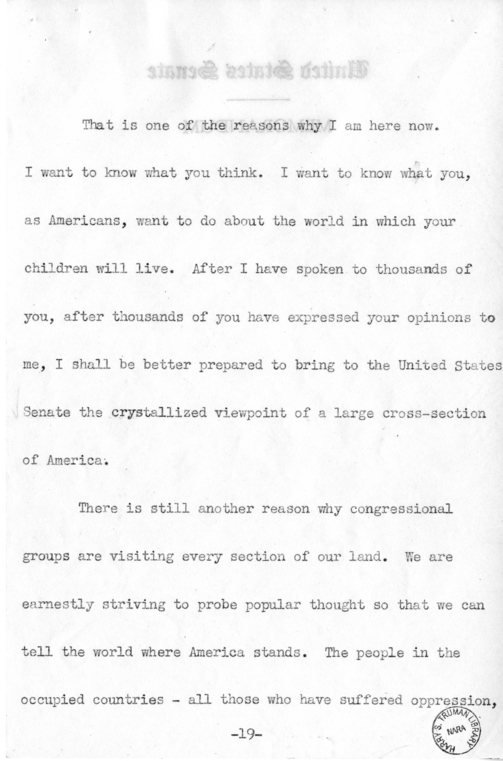 Speech of Senator Harry S. Truman on "Ball, Burton, Hatch, Hill" Resolution