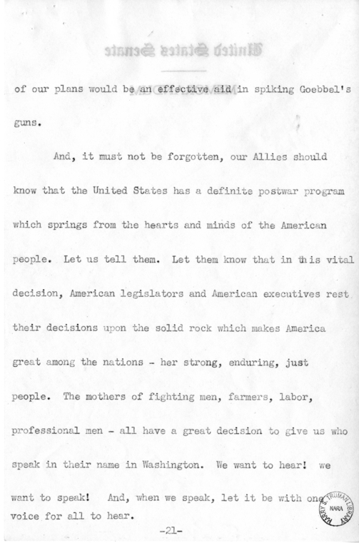 Speech of Senator Harry S. Truman on "Ball, Burton, Hatch, Hill" Resolution