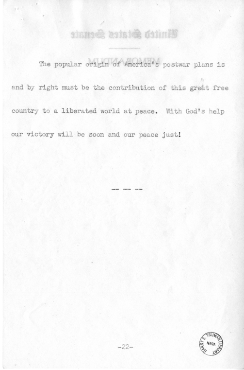 Speech of Senator Harry S. Truman on "Ball, Burton, Hatch, Hill" Resolution