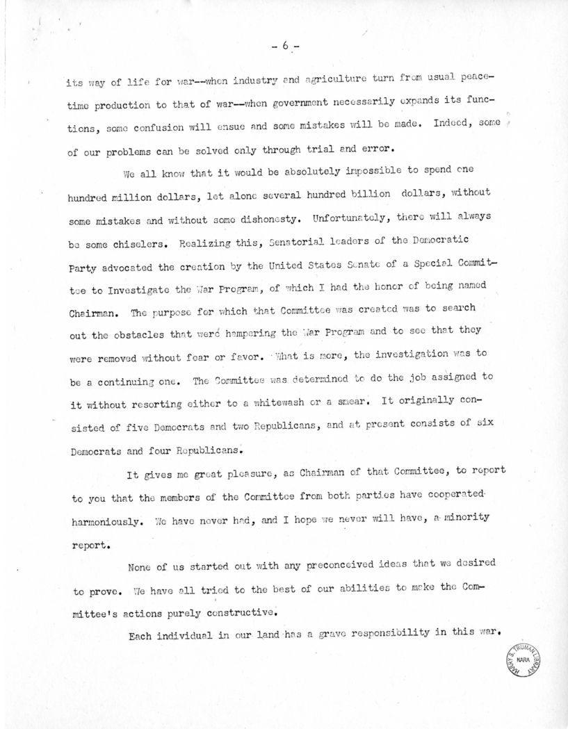 Speech of Senator Harry S. Truman Before the Democratic Women's Club of Missouri at Jefferson City, Missouri