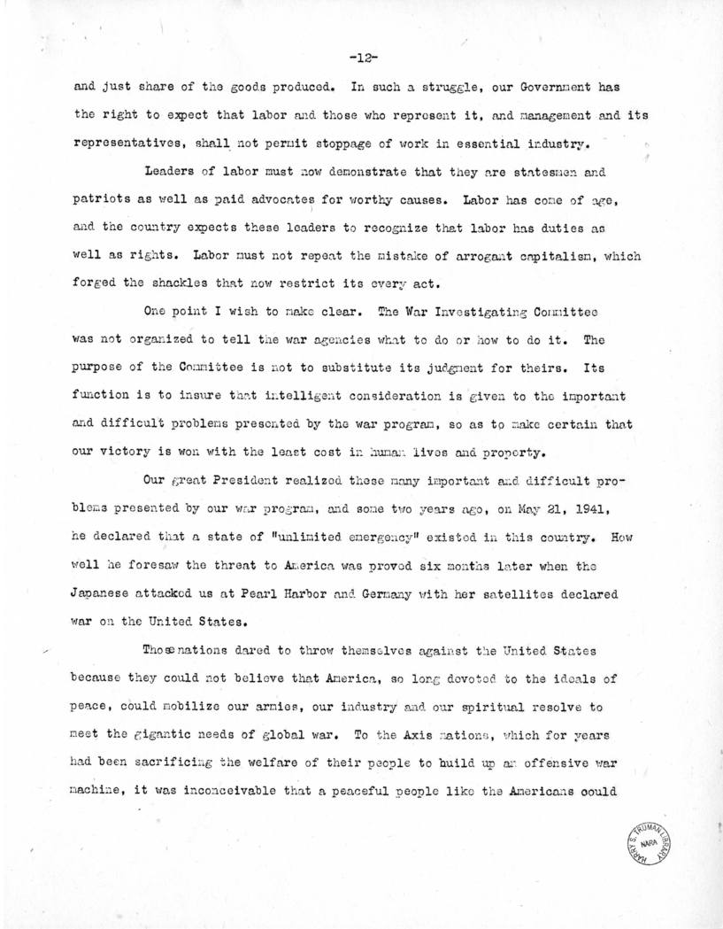 Speech of Senator Harry S. Truman Before the Democratic Women's Club of Missouri at Jefferson City, Missouri