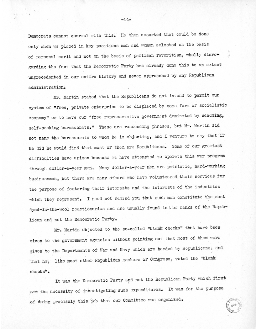 Speech of Senator Harry S. Truman Before the Democratic Women's Club of Missouri at Jefferson City, Missouri
