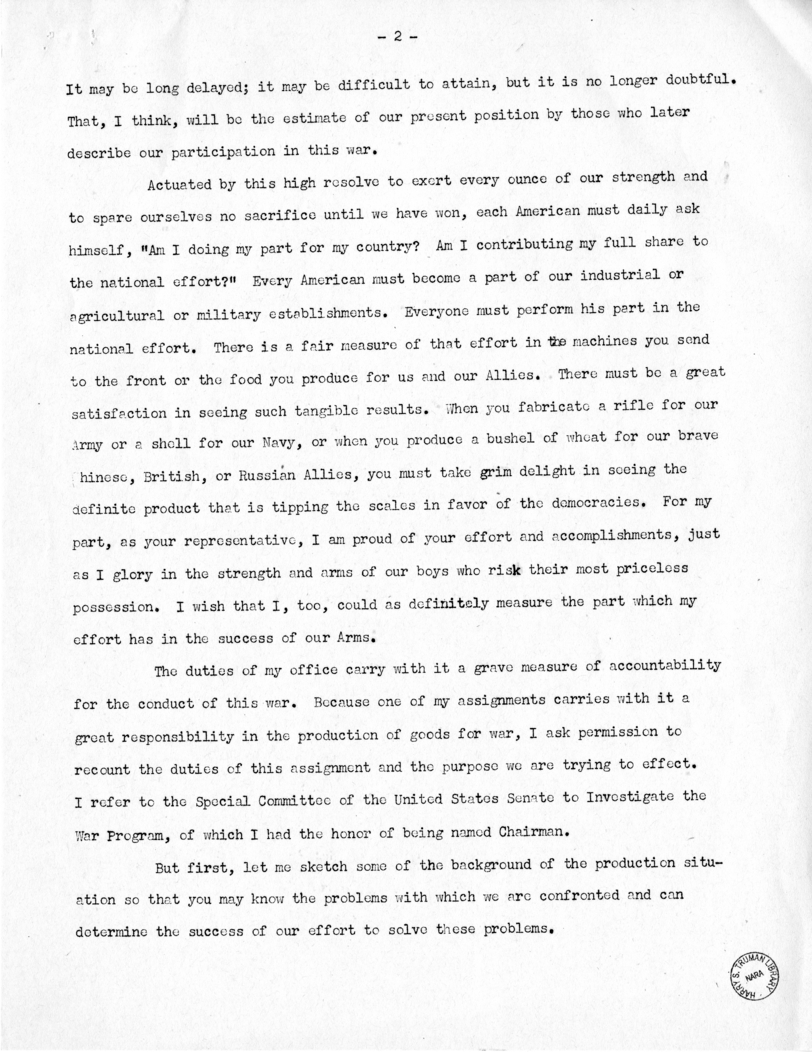 Speech of Senator Harry S. Truman at St. Louis, Missouri