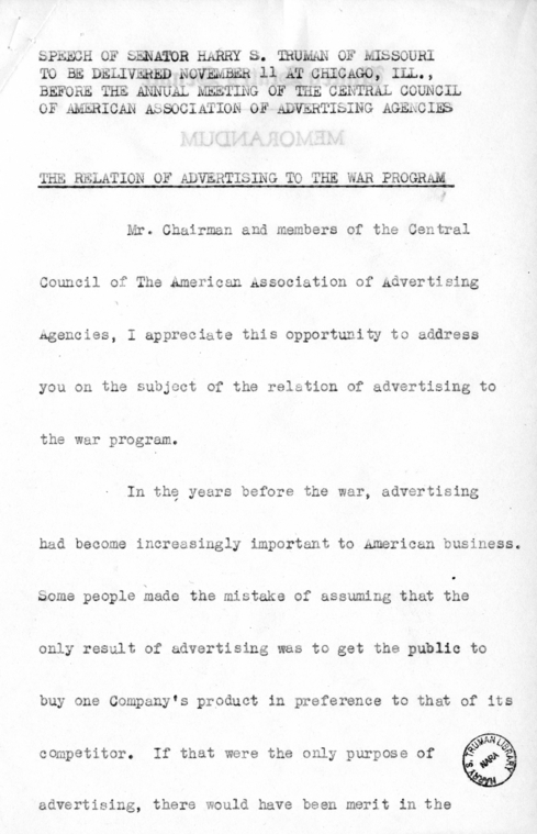 Speech of Senator Harry S. Truman at Chicago, Illinois