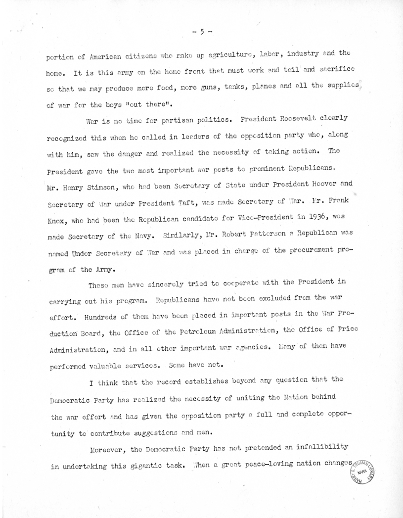 Speech of Senator Harry S. Truman at Washington, D.C.