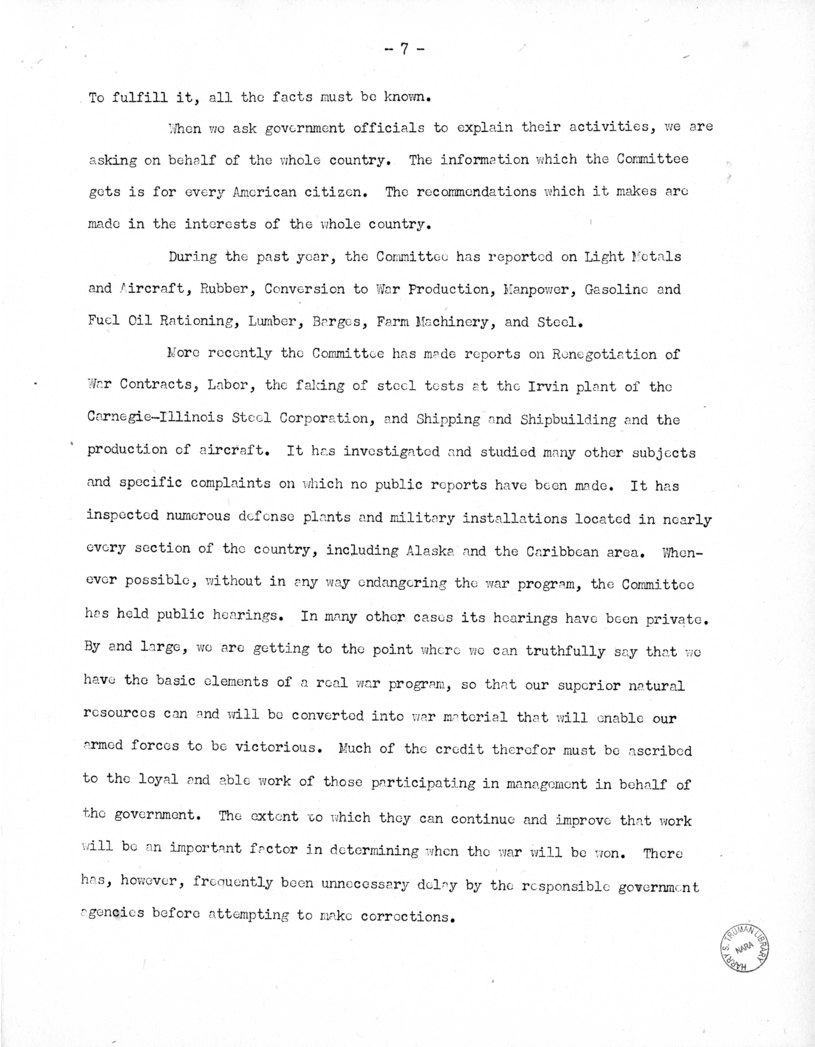Speech of Senator Harry S. Truman at Washington, D.C.