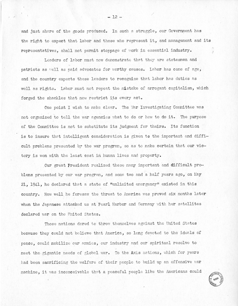 Speech of Senator Harry S. Truman at Washington, D.C.