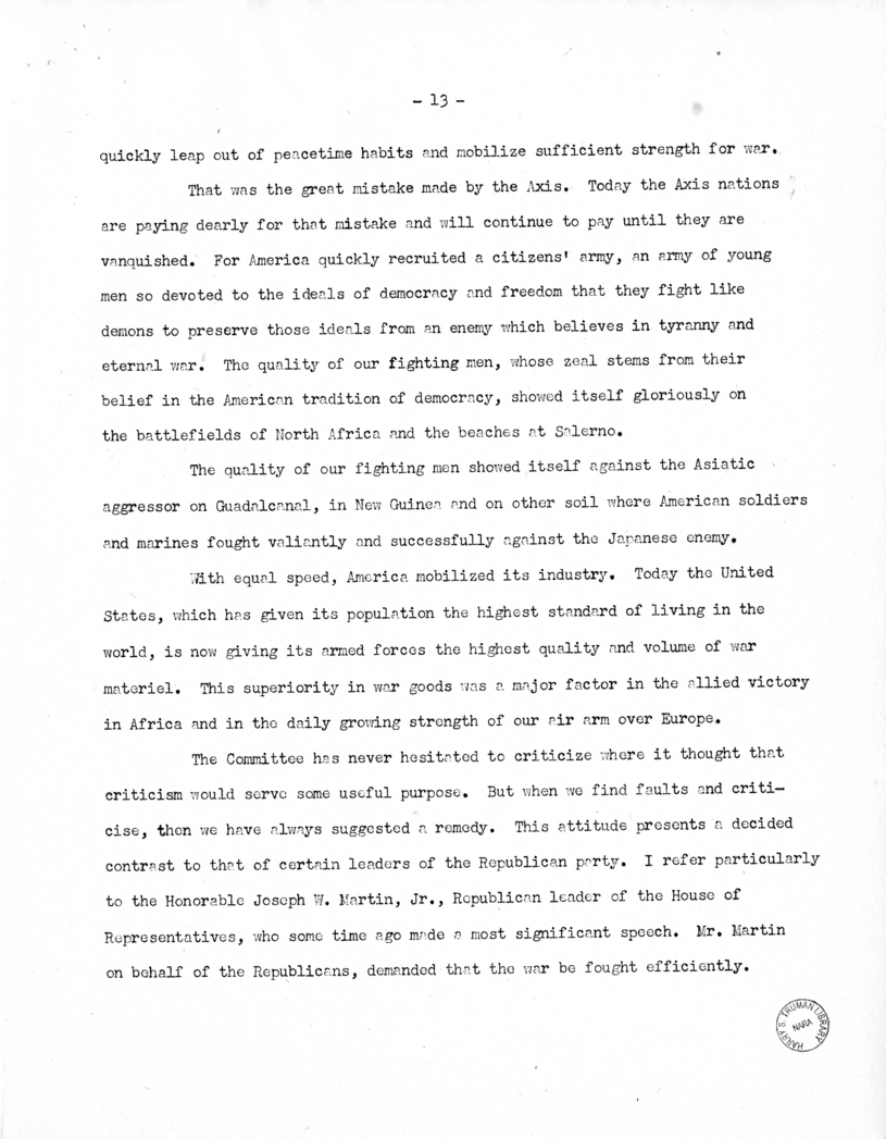 Speech of Senator Harry S. Truman at Washington, D.C.