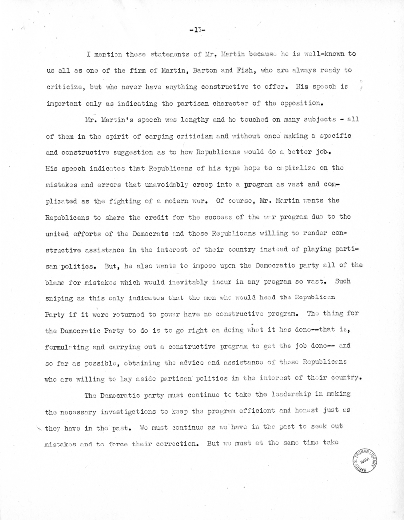 Speech of Senator Harry S. Truman at Washington, D.C.