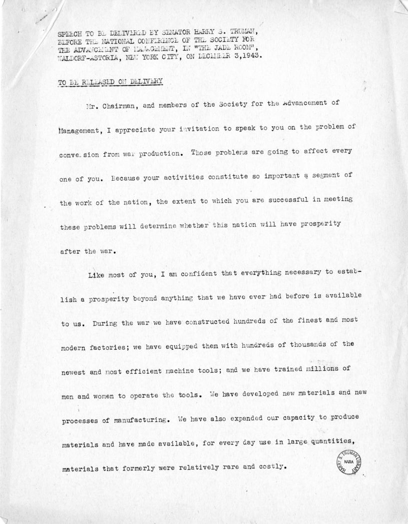 Speech of Senator Harry S. Truman Before the National Conference of the Society for Advancement of Management at New York, New York